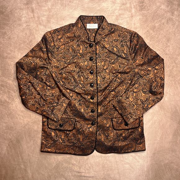 Vintage 90s Studio Works Metallic Paisley Jacket Orange Nehru Collar Button Up - Picture 8 of 8